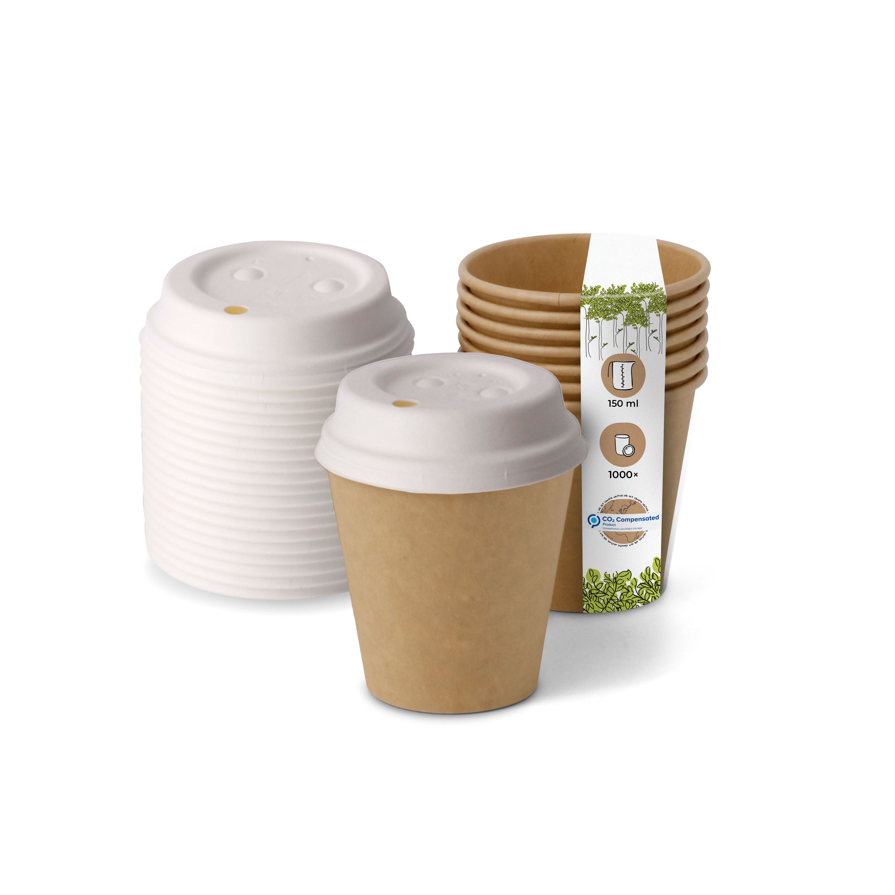 Pappbecher 150 ml / 6 oz, Ø 80 mm, ungebleicht + Pappdeckel