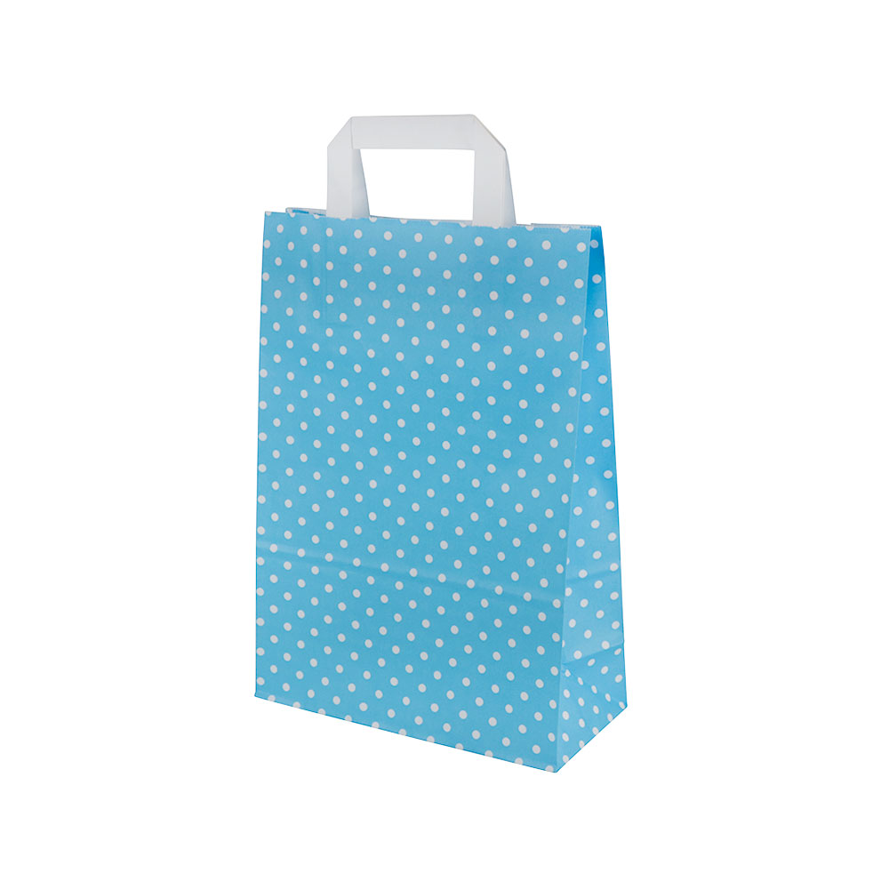 Kraftpapier-Tragetaschen M, 22 + 10 x 31 cm, hellblau weiß gepunktet