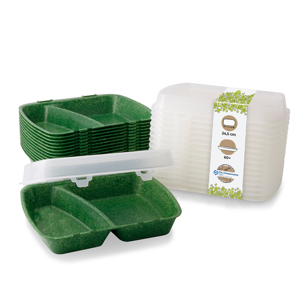 Mehrweg-Menü-Behälter 24,5 x 20 x 4,5 cm, 2 Kammern, HP4/2, dunkelgrün + Deckel