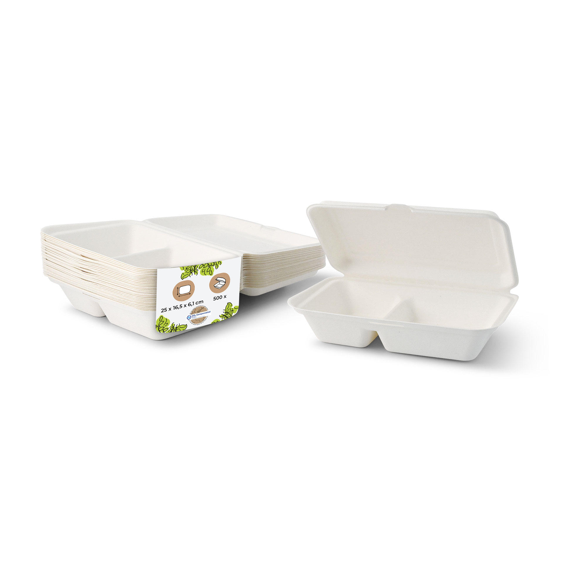 Zuckerrohr-Menü-Klappdeckel-Behälter 25 x 16,5 x 6,1 cm, 2 Kammern, rechteckig