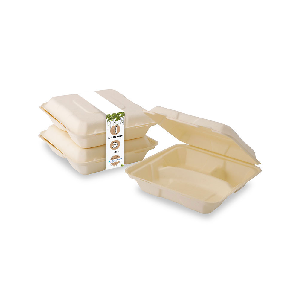 Holzfaser-Menü-Behälter 21,5 x 21,5 x 6 cm, 3 Kammern, quadratisch