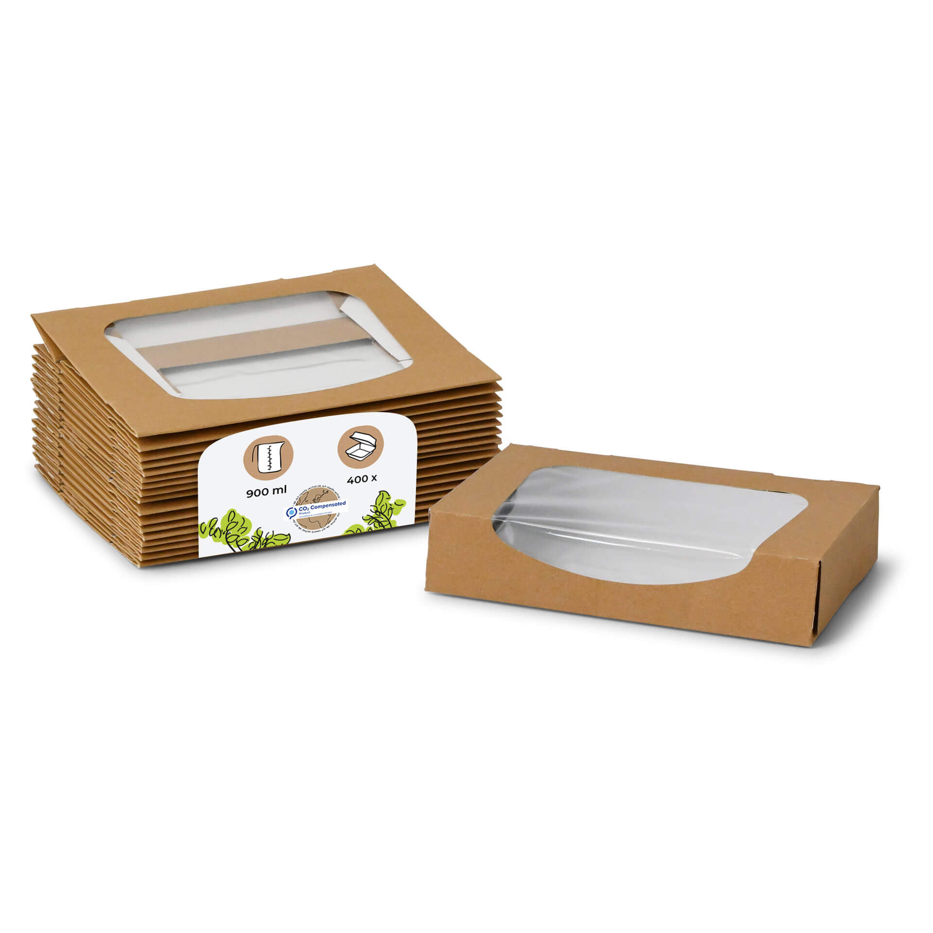 Karton-Sichtfenster-Schachteln 900 ml, PLA-Folie, braun, faltbar