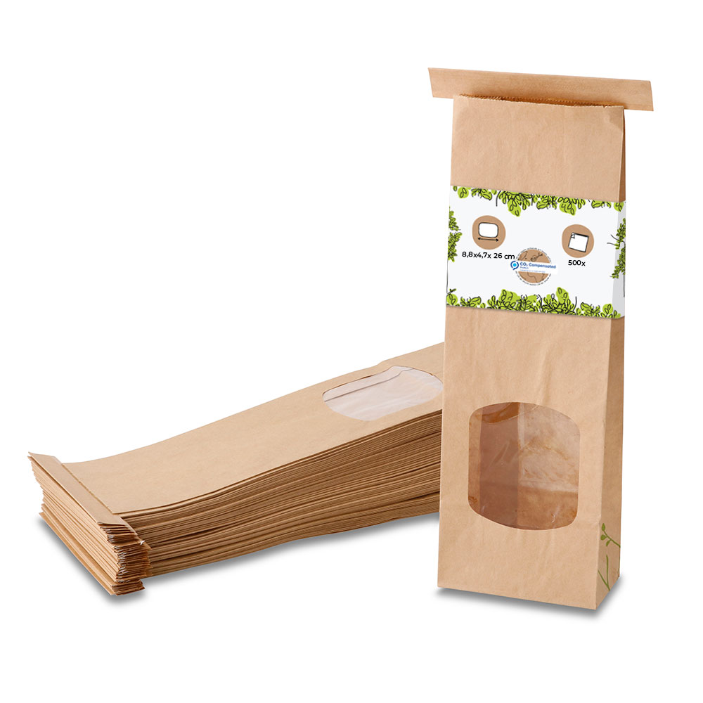 Blockbeutel m. Fenster S, 8,8 x 4,7 x 26 cm, PLA-Folie, braun, Clipband, Kraftpapier