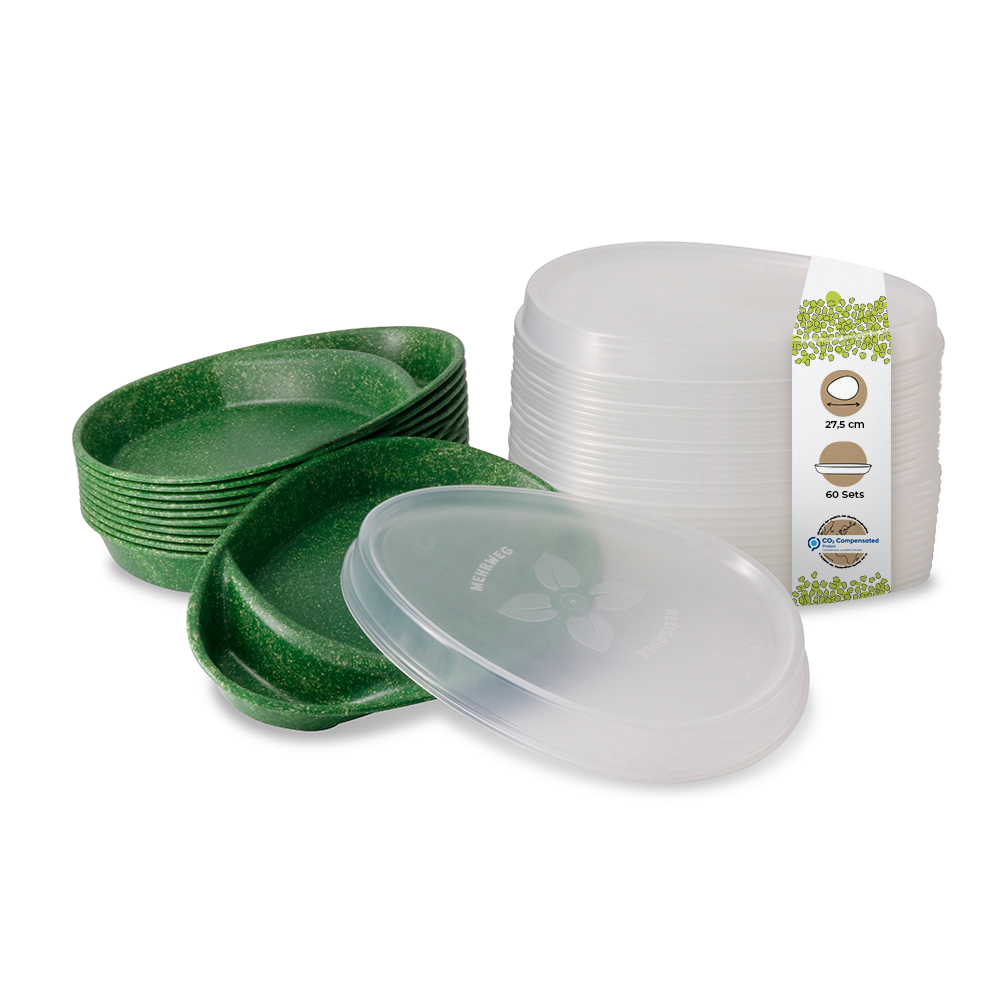 Mehrweg-Menü-Teller 27,5 x 20 x 3,5 cm, 2 Kammern, tropfenförmig, dunkelgrün + Deckel