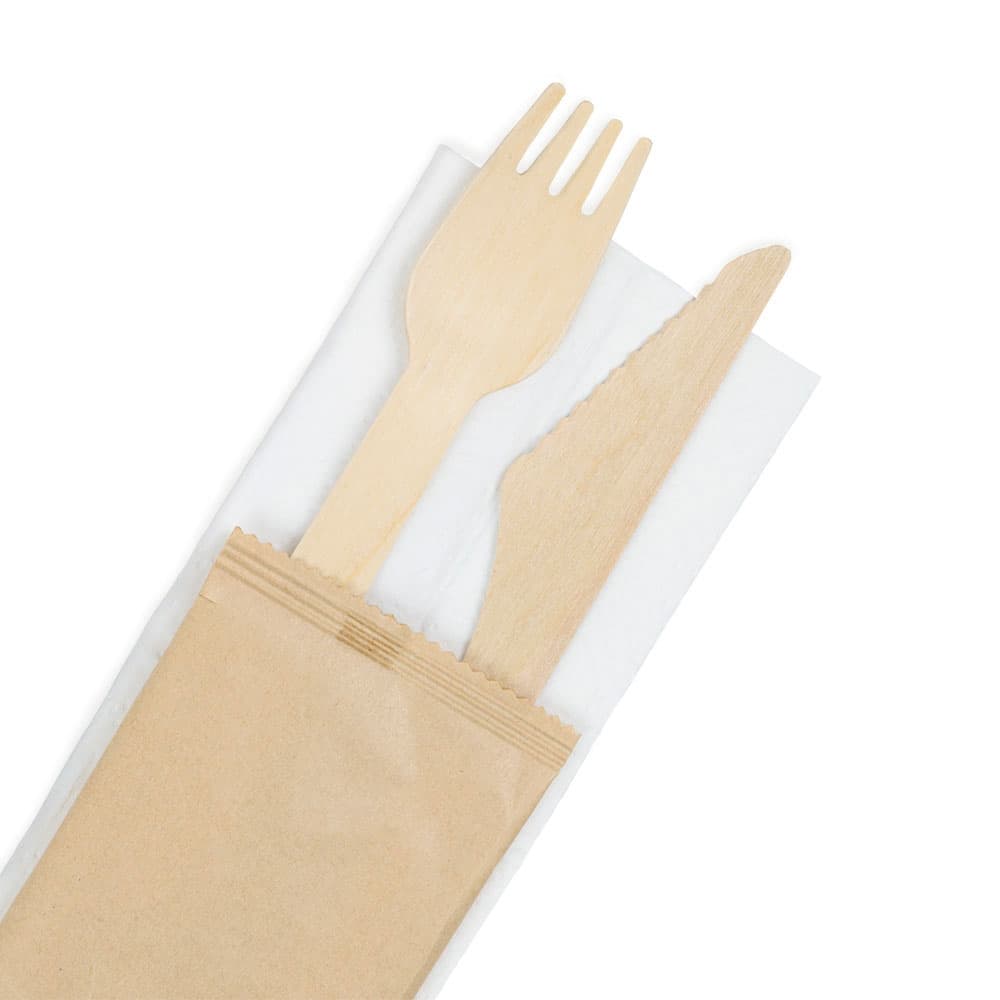 Holz-Besteck-Sets Messer, Gabel & Serviette, 16 cm, unbeschichtet