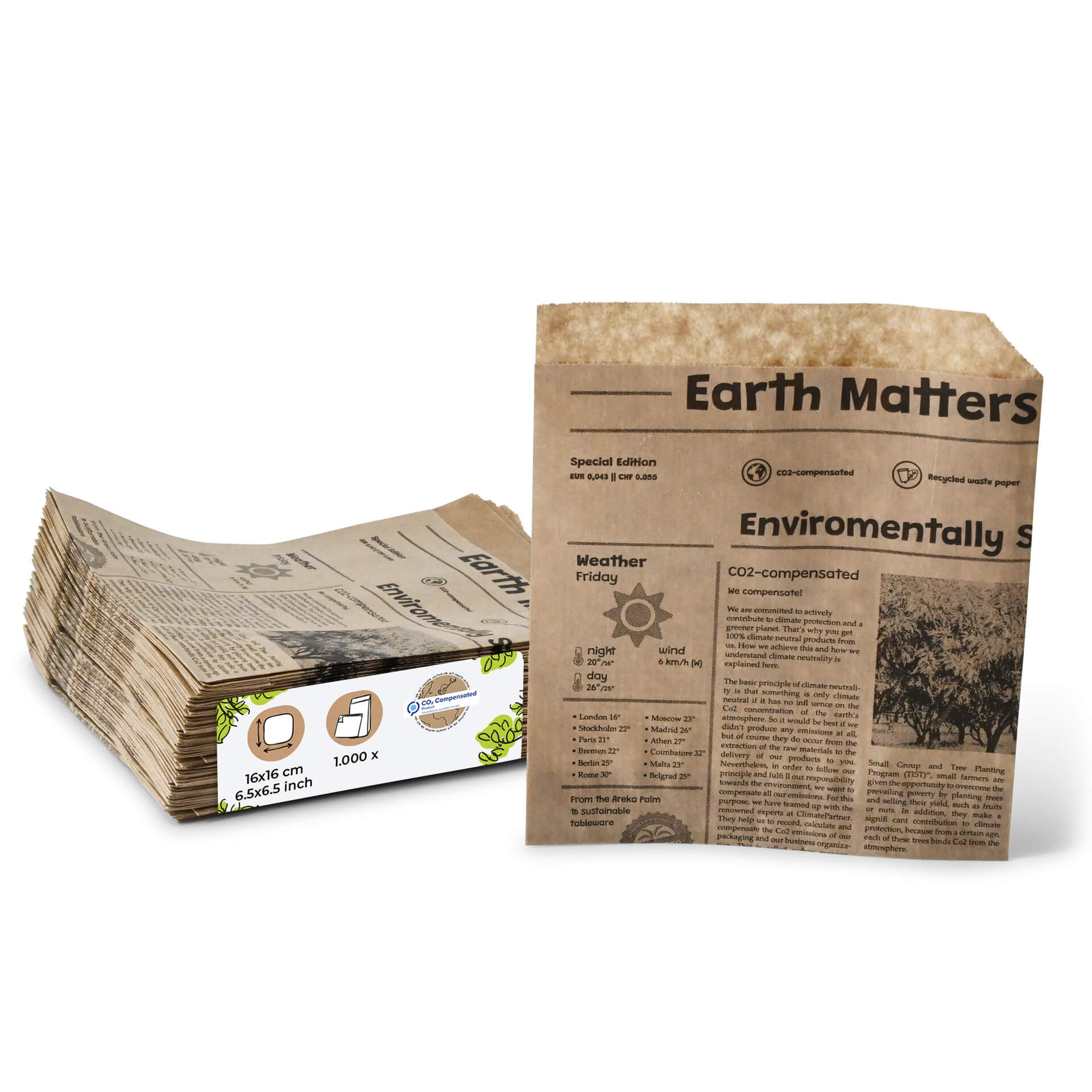 Papier-Burger-Taschen 16 x 16 cm, Zeitungsoptik, braun