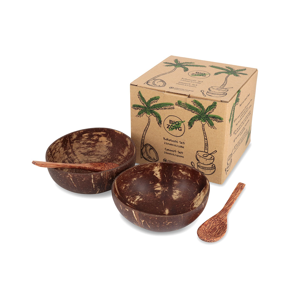 BIOZOYG Kokosnuss-Schalen 2er-Set mit Löffeln 100% Handarbeit wiederverwendbar