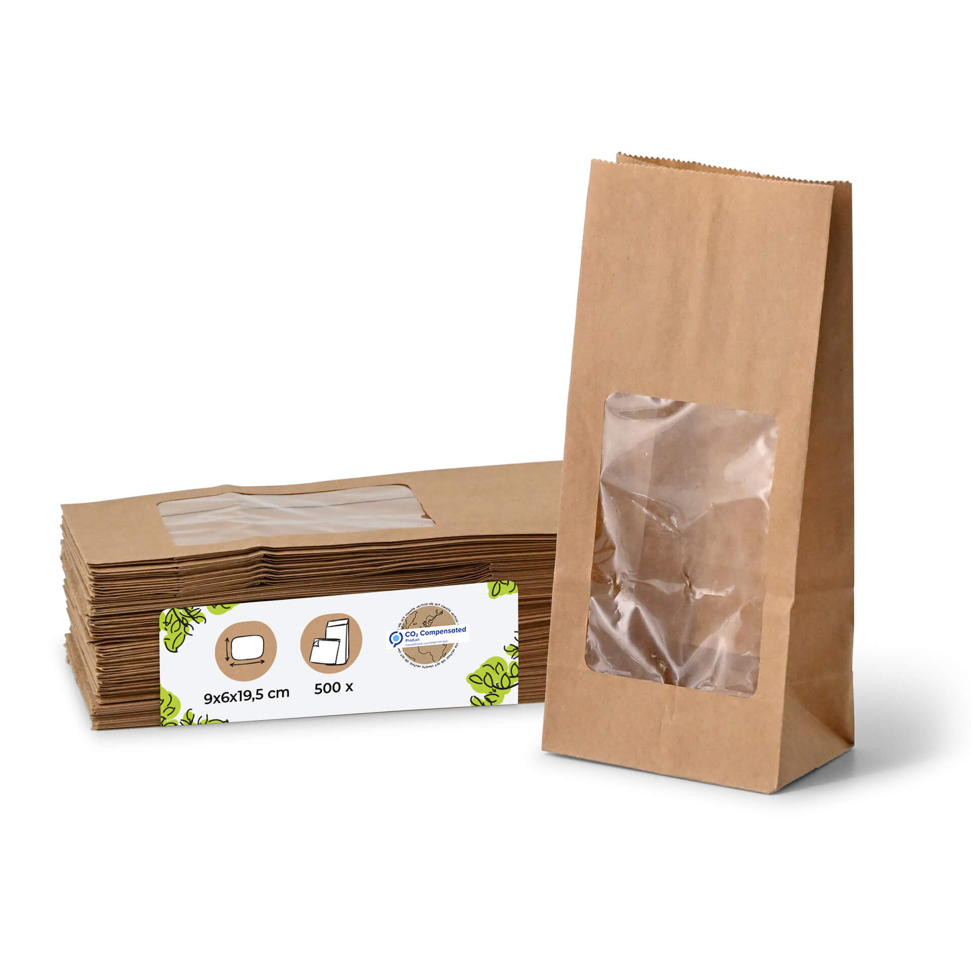 Blockbeutel m. PLA-Fenster S, 9,5 x 6 x 18 cm, braun, Kraftpapier