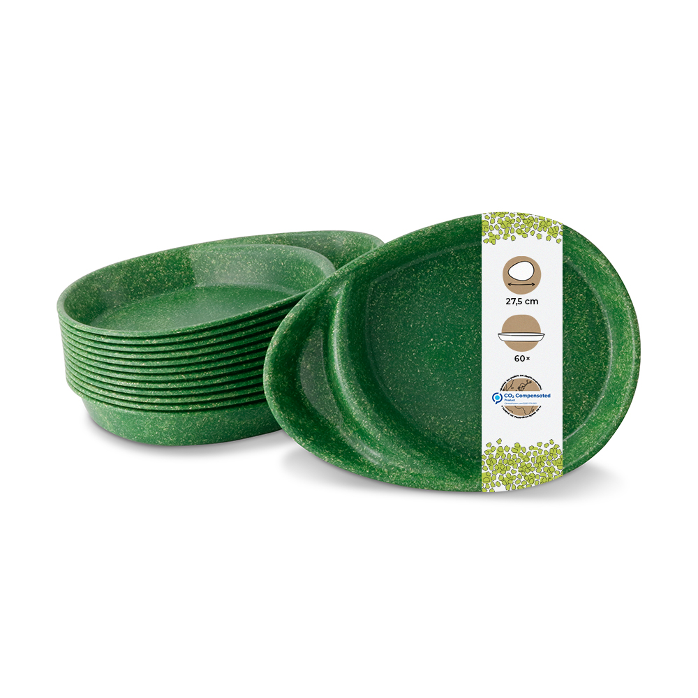 Mehrweg-Menü-Teller 27,5 x 20 x 3,5 cm, 2 Kammern, tropfenförmig, dunkelgrün