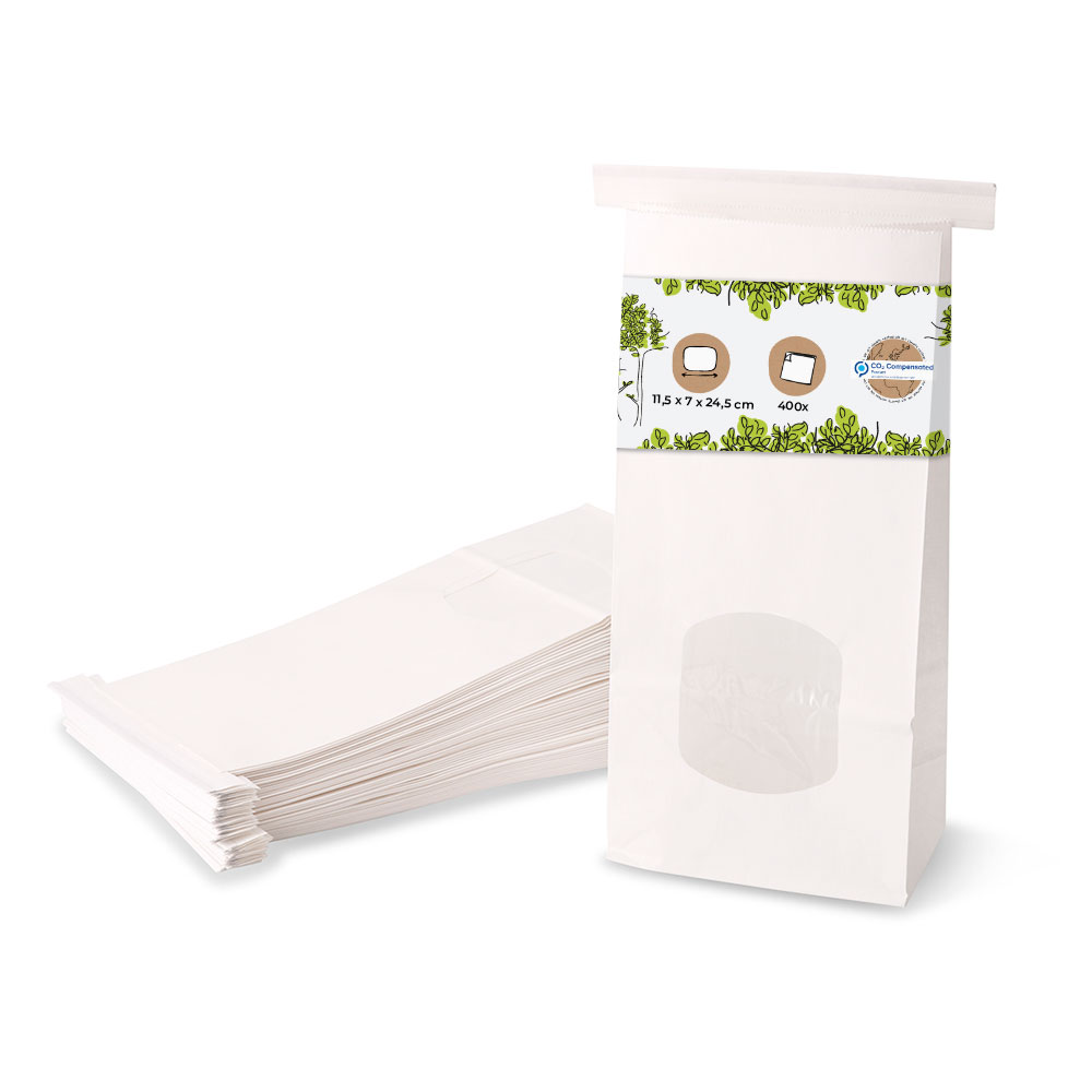 Blockbeutel m. Fenster M, 11,5 x 7 x 24,5 cm, PP-Folie, weiß, Clipband, Kraftpapier